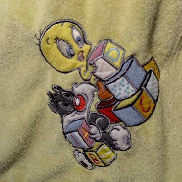 Vintage Looney Tunes Tiny Toons Sylvester And Tweety Baby Blanket Yellow Satin - Picture 3 of 14